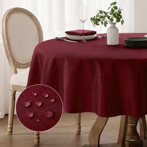 Nappe lavable ronde 140 cm Rouge aspect lin, imperméable, pour cuisine & fêtes