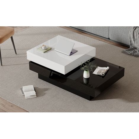 Table basse pivotante en aggloméré blanc et noir 103 x 60 x 35.5 cm avec espace de rangement ouvert (1/5)