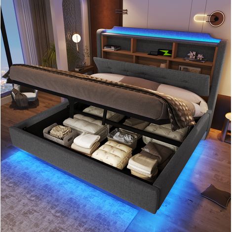 Letto contenitore adulto 140x200 cm con comodino portaoggetti, LED, porte USB e Type-C, grigio, materasso non incluso (1/5)