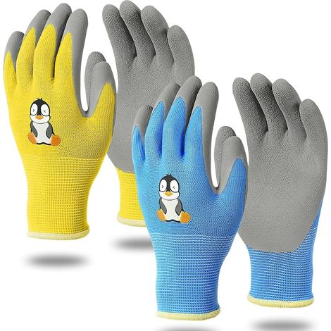 Children's Gardening Gloves, 2 Pairs of Multi-Purpose Protective Latex Anti-Thorn Work Gloves for Boys and Girls, Size 4, 5-7 Years, Yellow and Blue (1/5)
