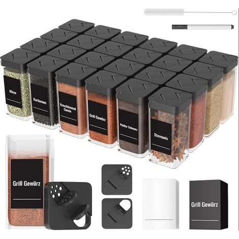 pots à épices carrés avec couvercle, en plastique solide, hermétique, saupoudreur, étiquettes, organisateur noirs (1/5)