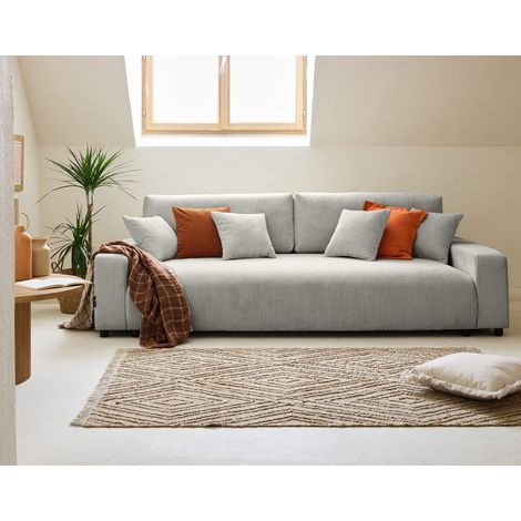 Pivoine - 3-sitzer einzelsofa - schlaffunktion und bettkasten - - aus cordstoff - hellgrau