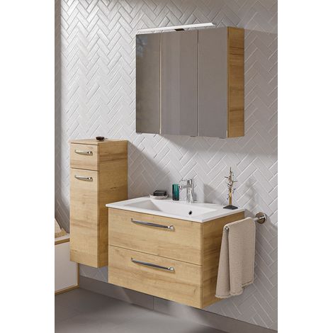Badmöbel Set mit Mineralmarmor Waschbecken und LED Beleuchtung TRENTO-66 in Riviera Eiche Nb., B/H/T: ca. 122/200/50 cm (1/5)