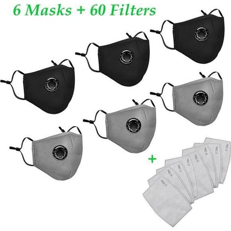 60 Pcs Filtre à Charbon Actif + 6 Pcs Masques en Coton gris noir Réutilisable et Lavable (1/4)