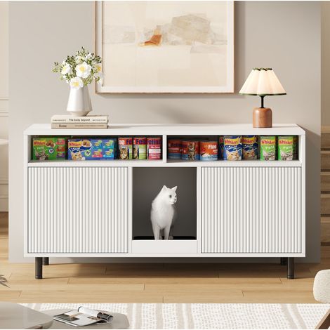 Mueble para arenero de gato con alfombrilla antirastreo, 120 x 50 x 66 cm, blanco (1/5)