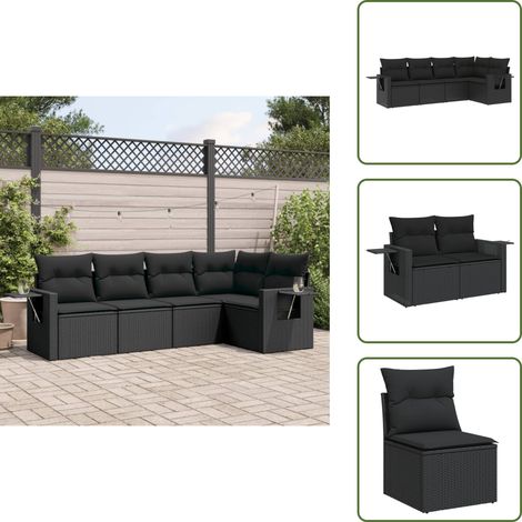 5-tlg. Garten-Sofagarnitur mit Kissen Schwarz Poly Rattan - Gartensorte - Gartenmöbelset - PE-Rattan Möbel - Outdoor Lounge Set - Balkonmöbel