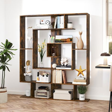 GOPLUS Bibliothèque Géométrique avec Cubes Ouvertes, Bibliothèque Étagère avec 2 Kits Anti-Basculement, Moderne pour Salon, Bureau, 125x22x150cm (Marron) (1/5)