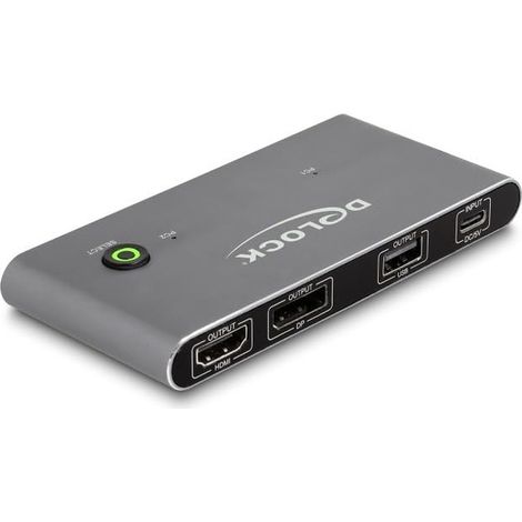 11485 DeLock Commutateur KVM USB-C vers HDMI et DisplayPort 1.4 avec 3 ports USB-A 2.0 - 2 ordinateurs (8K@60Hz) - Switch KVM USB-C vers HDMI et DisplayPort 1.4 avec 3 ports USB-A 2.0 pour 2 ordinateu