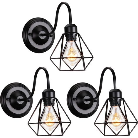 Wall Lighting Fixture, Vintage Metal Wall Lamp with Cage, Black Metal Wall Sconce for Indoor Bedroom Living Room - 3X Diamond Shape Cage