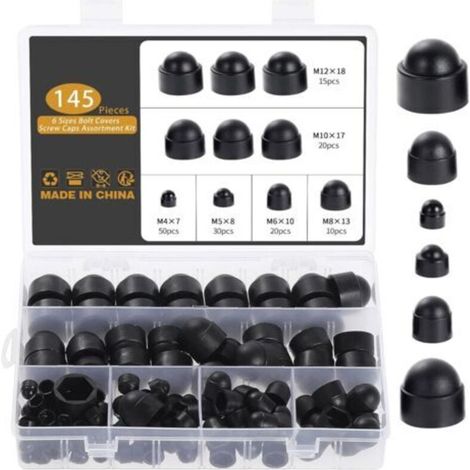 145 Pièces Cache Ecrou, M4 M5 M6 M8 M10 M12 Cache Boulon Noir Bouchon Ecrou Cache Tete de Vis Capuchon Ecrou, Hexagonal Protection Cache pour Écrous Vis Boulons