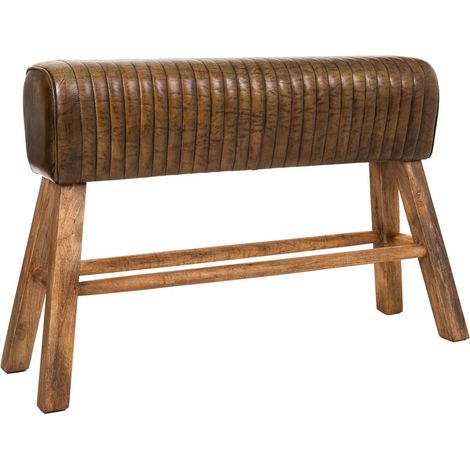 Banqueta de madera y piel marrón120x35x76