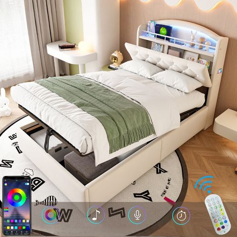Lit enfant 90x200 cm avec LED et USB, Lit Coffre 9x200 avec tête de lit, Rangements, Tiroirs et étagères, Lit avec sommier à lattes, velours  – Beige (1/5)