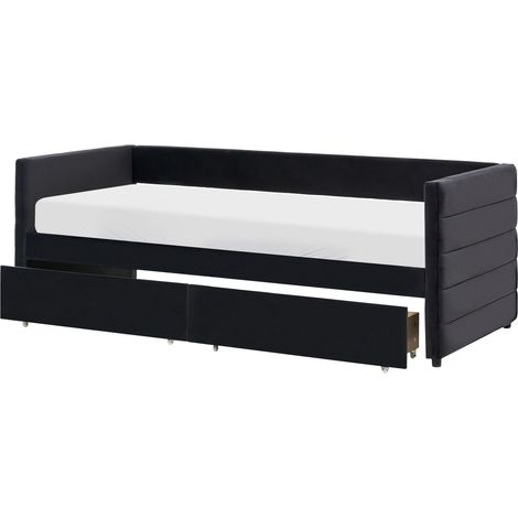 Lit de Repos en Velours 90 x 200 cm avec Tiroirs Sommier à Lattes Noir Marray (1/5)