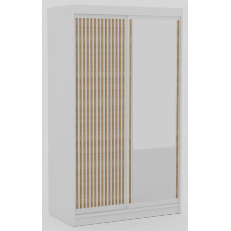 Armoire coulissante BIZEN avec lames décor bois et miroir – Moderne et chaleureux 120 cm-Blanc/Beige-Largeur 120 cm (1/5)