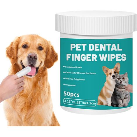 50 lingettes de nettoyage dentaire pour animaux - Lingettes jetables pour l'hygiène bucco-dentaire des chats et chiens - Nettoyage doux sans brosse pour des dents saines de votre compagnon. (1/5)