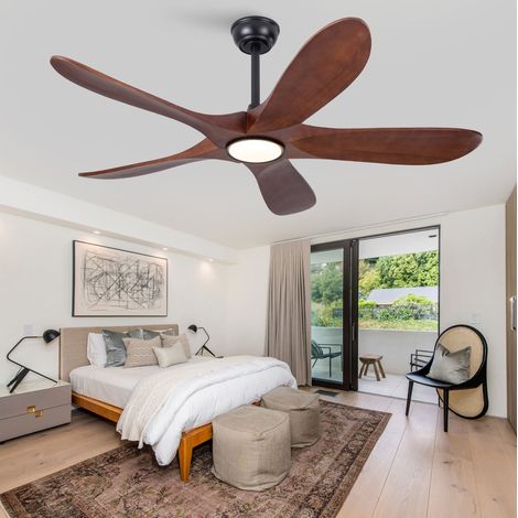 Ventilateur de plafond avec éclairage et télécommande, 5 pales en bois , 6 vitesses, couleur noyer noir (1/5)