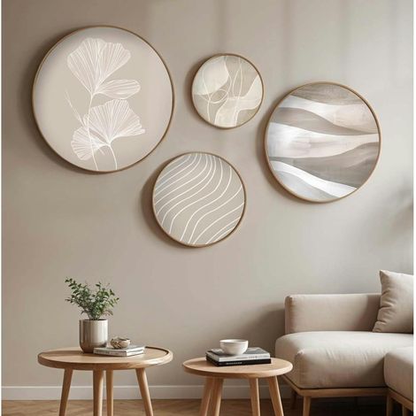 Pier Import – Tableau rond zen beige et bois – set de 4 – Ø 45/36/27/18 cm – bois pin et MDF – décoration intérieure élégante (1/2)