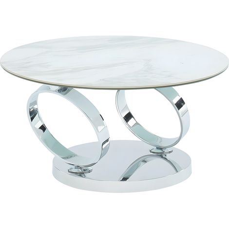 Vente-Unique – Table basse pivotante effet marbre blanc – Céramique et verre trempé – Dimensions 80x80x42 cm – Design moderne pour intérieur