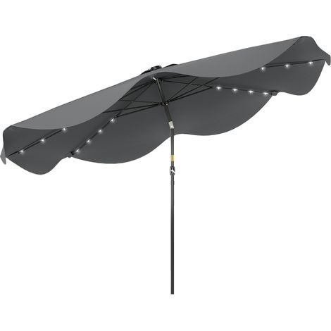 Parapluie de jardin manuel Ø292, éclairage LED, 254 cm, pour jardin et terrasse, 8 tiges étanches et grilles de ventilation grises