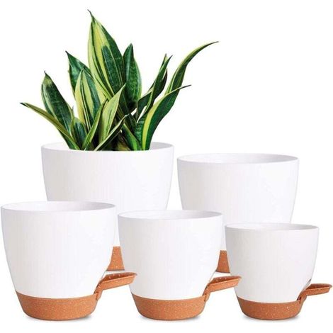 Jardinières auto-arrosantes en plastique blanc – Lot de 5 pots avec drainage, diamètres 17,5 / 16,5 / 15 / 14 / 12,5 cm (1/4)