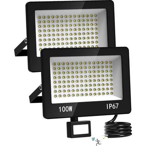 Projecteur LED Extérieur avec Détecteur 2 Pièces - 100W 10000LM Spot Exterieur Detecteur de Mouvement Blanc Froid 6500K, IP67 Étanche Lampe pour Garage Jardin Entrée Route