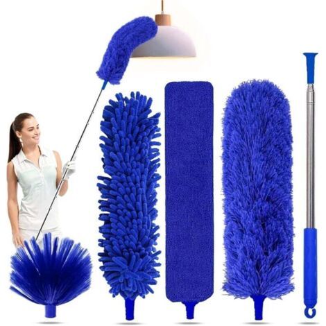 Kit de plumeau 5 en 1 pour le nettoyage, plumeau avec manche extensible, plumeau extensible de 100 pouces, plumeau en microfibre - Bleu (1/4)