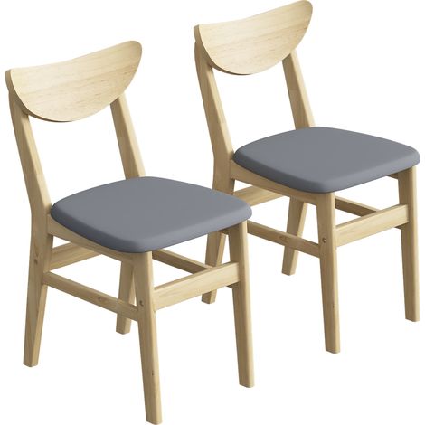 Lot de 2 chaises de salle à manger - HOMCOM - assise rembourrée, dossier incurvé - pieds en bois d'hévéa - 46x55x74cm - gris naturel (1/5)