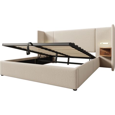 Lit coffre capitonné 160x200 beige avec table de chevet, lampe de lecture et USB Type-C (1/5)