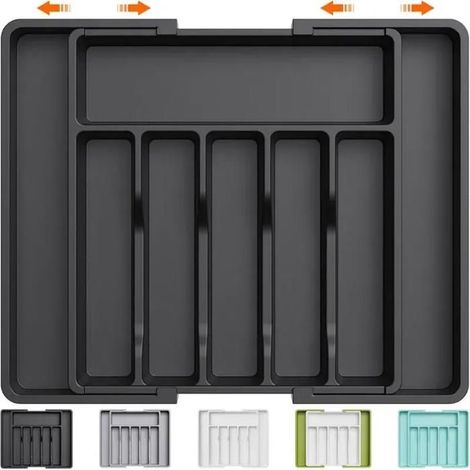 Range‑couverts extensible - Organisateur de tiroir réglable 33–57 cm - Noir - Plastique - Compact
