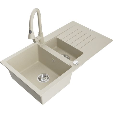 Mexen Matias lavello in granito 1,5 vasche con gocciolatoio e miscelatore da cucina Elia, beige - 6502-69-670101-69 (1/5)