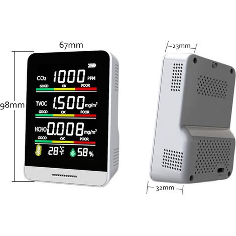 Détecteur de CO2 TVOC HCHO Outil de Détection d'humidité de la Température Détection Rapide Moniteur de Qualité de l'air 5 en 1, Noir et blanc (1/4)