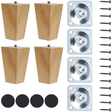 Wooden Furniture Legs, 10 cm Solid Wood Table Legs, Replacement Furniture Legs with Mounting Plate Screws and Non-Slip Protector