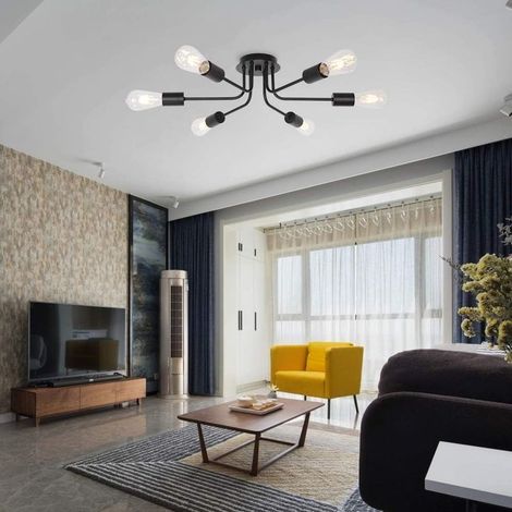 Moderne Deckenleuchte, rustikaler schwarzer Halbeinbau-Kronleuchter mit 6 Leuchten, E27-Sockel, industrielle Deckenleuchte für Wohn-/Esszimmer im Landhausstil (1/4)