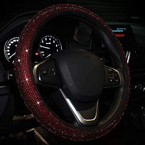 Coprivolante per auto da 15 pollici, lucido ed elegante, antiscivolo, adatto alla maggior parte delle auto, con motivo a diamante rosso.