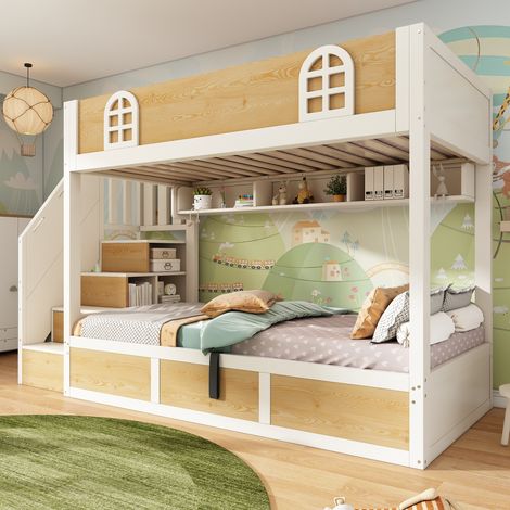 DESMIU Lit superposé enfant 90 × 200 cm 2 places avec escalier, rangements, sans matelas, bois, blanc (1/5)