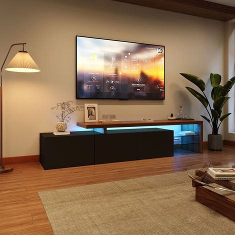 Mobile TV nero con LED, pannelli in legno e vetro temperato, spazio archiviazione, nero lucido + effetto legno (1/5)