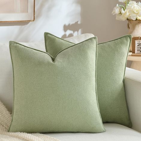 Set di 2 federe per cuscini in ciniglia verde salvia 45 x 45 cm con un design moderno, semplice, neutro e un bordo unico. Adatto per camera da letto, soggiorno, divano, letto e (1/4)