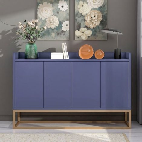 Comoda de almacenamiento - 4 puertas - Diseño minimalista - Madera maciza - Color azul y dorado