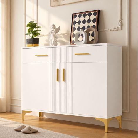 Moderne Sideboard-Kommode mit 2 Türen und 2 Schubladen – Aufbewahrungsschrank mit Metallgriffen und Metallfüßen für Wohnzimmer, Flur oder Esszimmer. Maße: 80 cm (B) × 35 cm (T) × 79.5 cm (H). (1/5)
