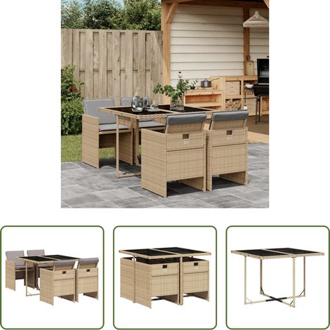 vidaXL Gartentisch - 5-tlg. Garten-Essgruppe mit Kissen Beigemischung Poly Rattan (1/5)