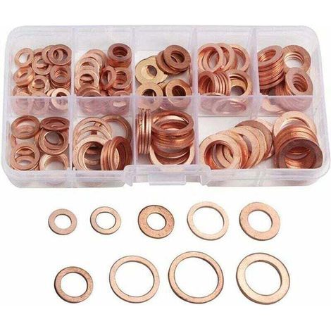 200pcs Rondelle Flat en Cuivre Ring Métriques Coffret de Rondelle Joint Assortiment 9 Tailles M5-M14 Avec Boîte Joint de Bouchon de Puisard Huile Outil Accessoires (1/4)