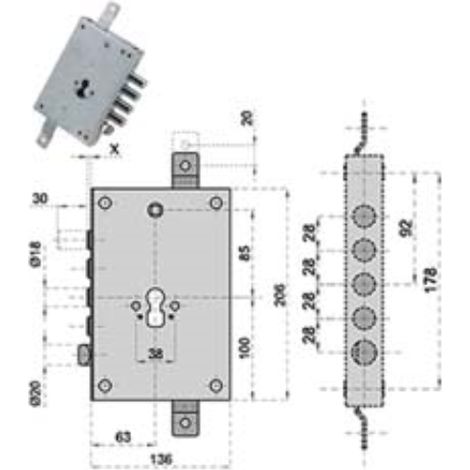 Serratura triplice da applicare c/scrocco cil. europeo blindate 50128 - mm.63  1 pezzi Cipierre