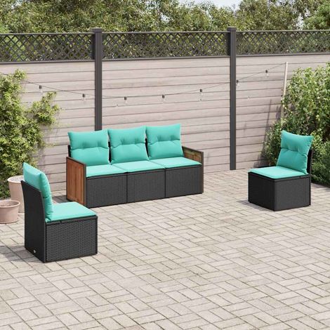 Salon de jardin 5 pièces modulable en résine tressée noire avec coussins bleus - PANGIVO (1/5)