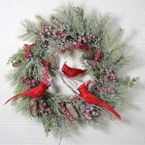 Guirlande De Noël - Couronne Artificielle En Rotin Avec Pommes De Pin Et Oiseau - 45 Cm - Décoration Porte Mur Fenêtre (1/5)
