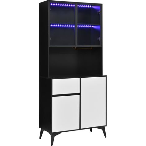 Buffet haut avec vitrine, MDF blanc et noir, 80 x 40 x 180 cm, LED et grand rangement (1/5)