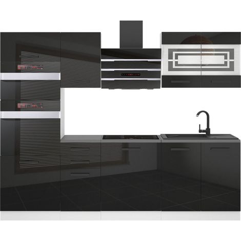Belini Küchenzeile Küchenblock Tracy - Küchenmöbel 240 cm Einbauküche Vollausstattung ohne Elektrogeräten mit Hängeschränke und Unterschränke, mit Arbeitsplatten, Schwarz Hochglanz (1/5)