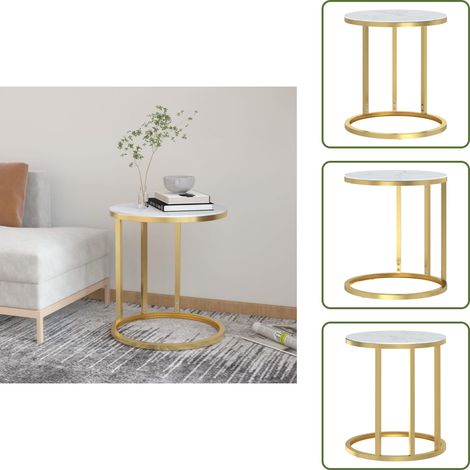 Beistelltisch Golden und Weiße Marmor-Optik 45 cm Hartglas - Beistelltisch - Wohnzimmer Dekoration - Glasmöbel - Moderner Tisch - Couchtisch (1/5)