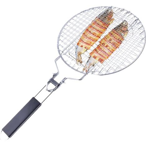 Cesta para barbacoa, utensilios redondos plegables con mango extraíble, palo para cocinar pescado. Para uso en exteriores, restaurantes, picnics, camping, para cocinar carne, pollo y camarones. (1/5)