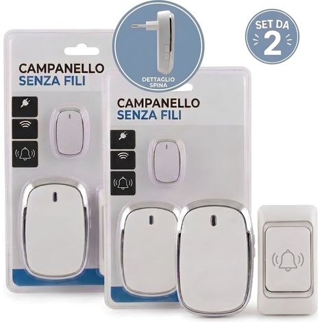 2x Campanello Senza Fili con Spina 220v 2 Pulsanti Batteria Bianco Wireless (1/5)