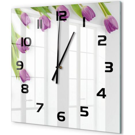 Grande Horloge Murale Carrée Originale en Verre Silencieuse Design Moderne Salon Tulipes violettes 60x60 cm (1/5)